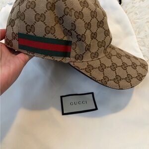 Gucci Tan Monogram Cap with Green and Red Stripe
